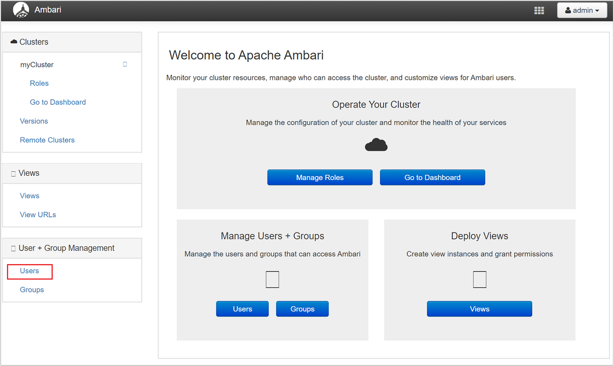 Apache Ambari 管理页用户。