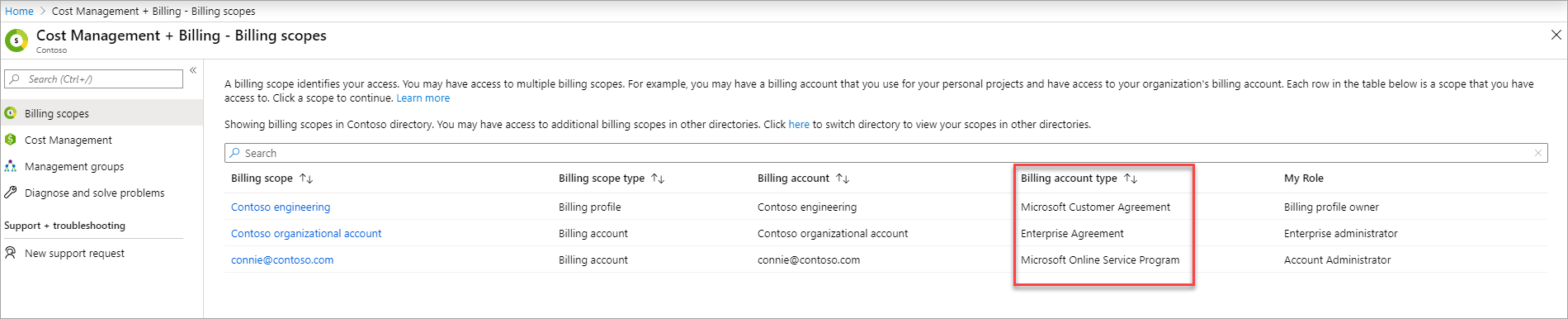 显示“计费帐户列表”页中的 Microsoft 客户协议的屏幕截图