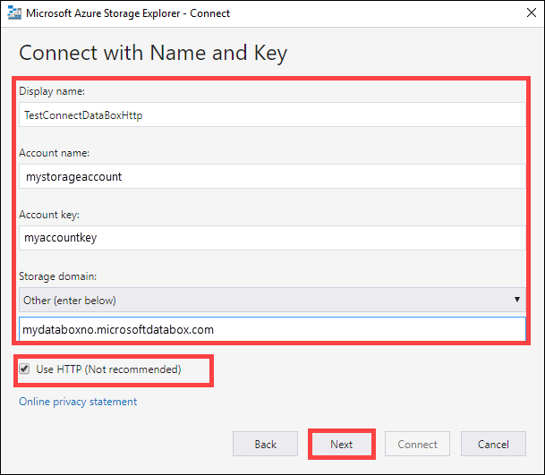显示“使用名称和密钥进行连接”对话框的屏幕截图,其中已输入值。