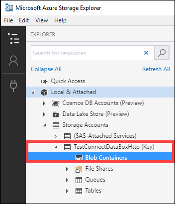 显示“资源管理器”菜单的屏幕截图,已在其中选择“Blob 容器”。