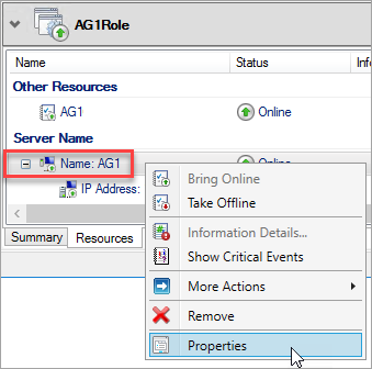 Screenshot of Failover Cluster Manager that shows the Properties menu option for the listener's name.