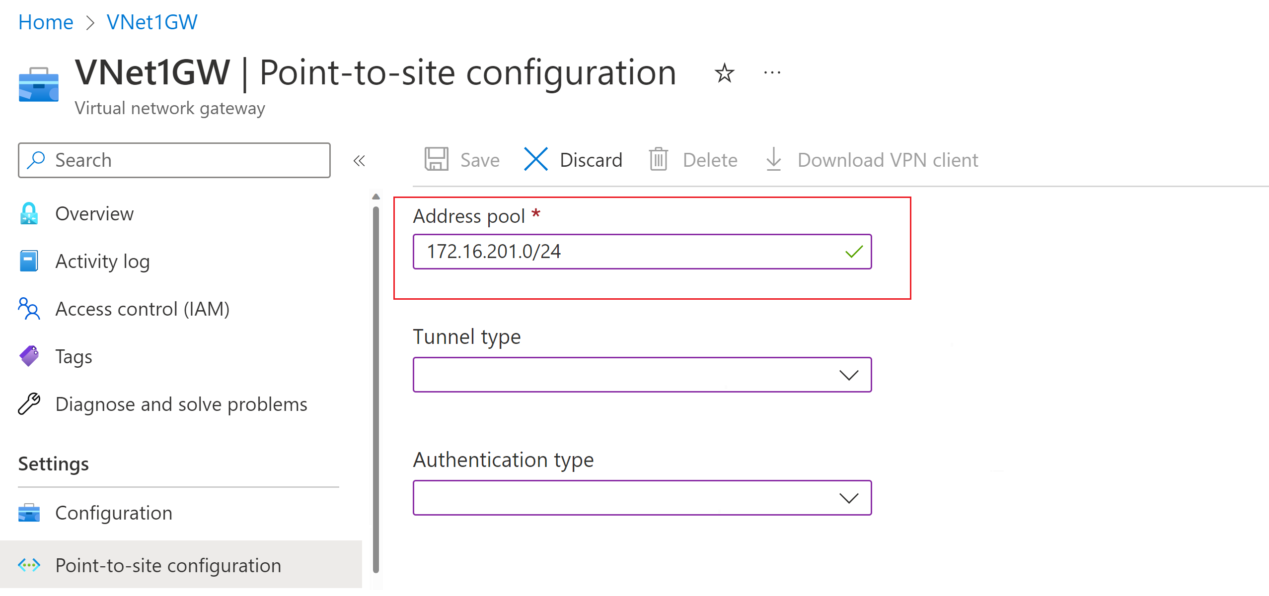 “点到站点配置”页 - 地址池的屏幕截图。