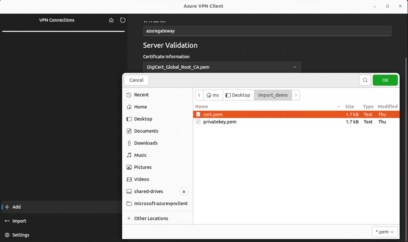 适用于 Linux 的 Azure VPN 客户端的已选中客户端证书数据的屏幕截图。