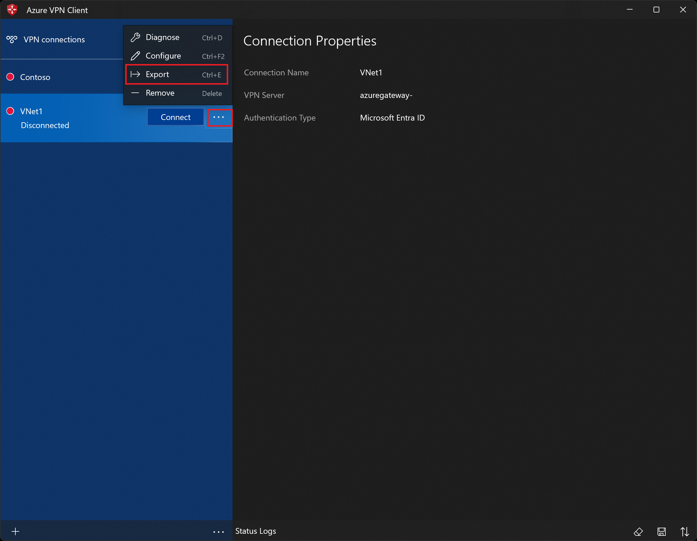 屏幕截图显示了“Azure VPN 客户端”页面,省略号已被选中,并且“导出”已高亮显示。