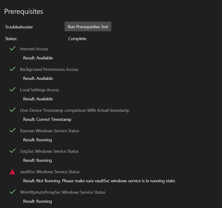 先决条件测试状态结果的屏幕截图。
