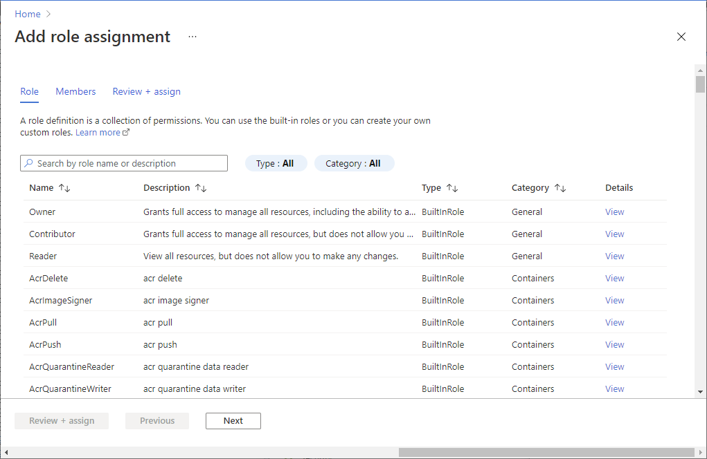 Screenshot of the add role assignment page in the Azure portal.