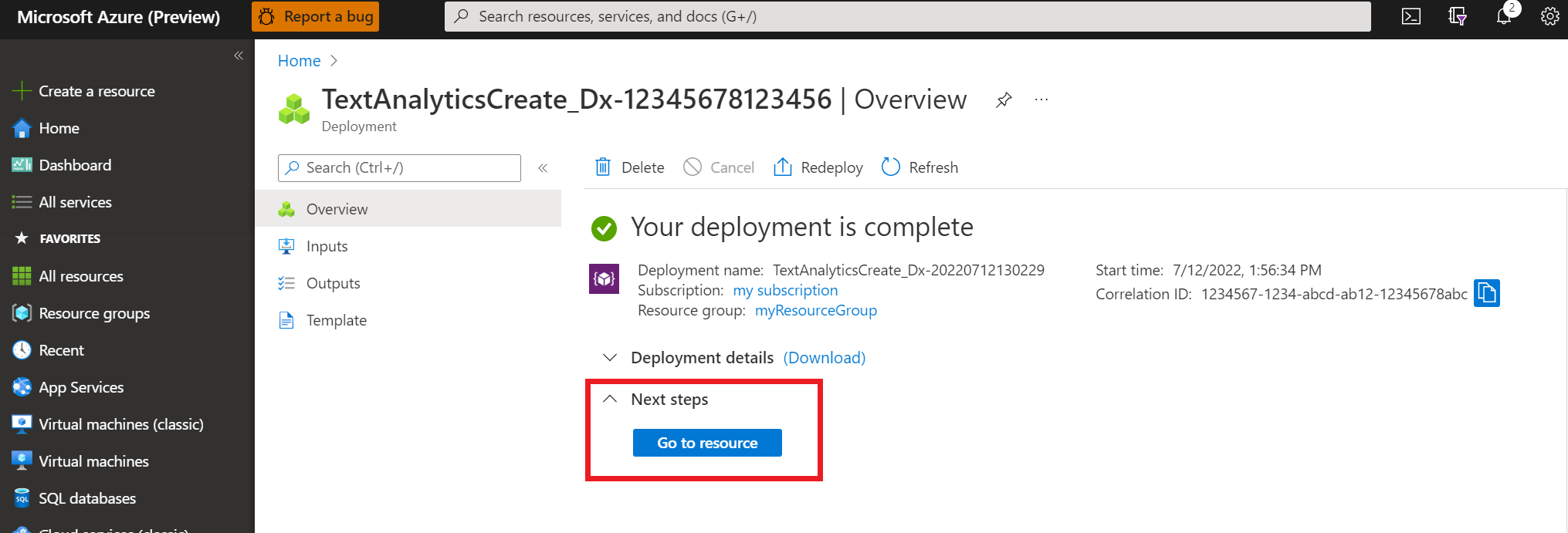 屏幕截图显示部署资源后的后续步骤。