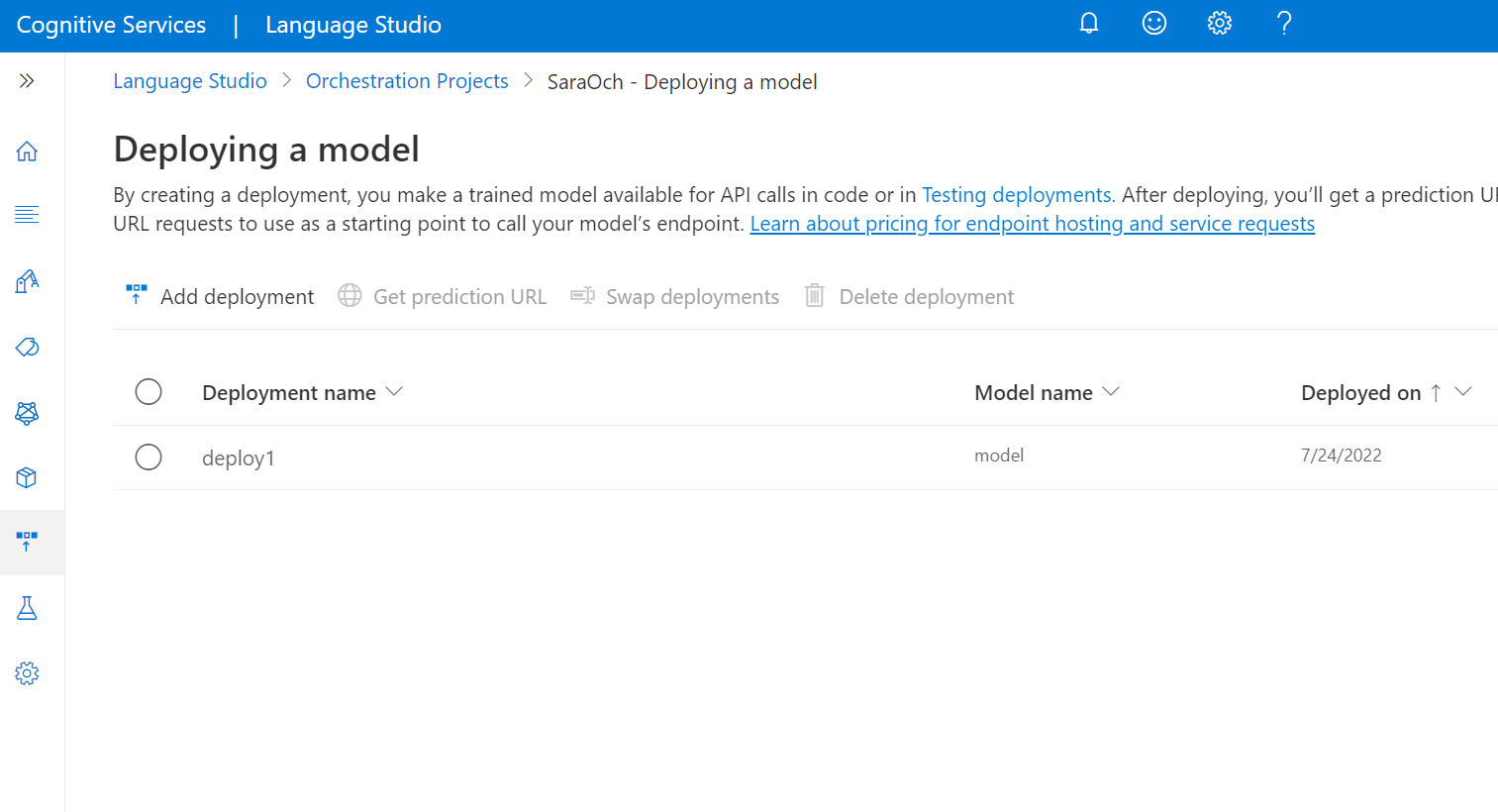 A screenshot showing the model deployment button in Language Studio.