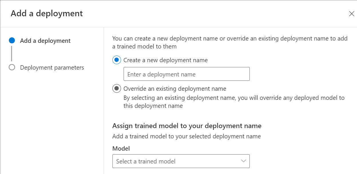 A screenshot showing the screen for adding a new deployment in Language Studio.