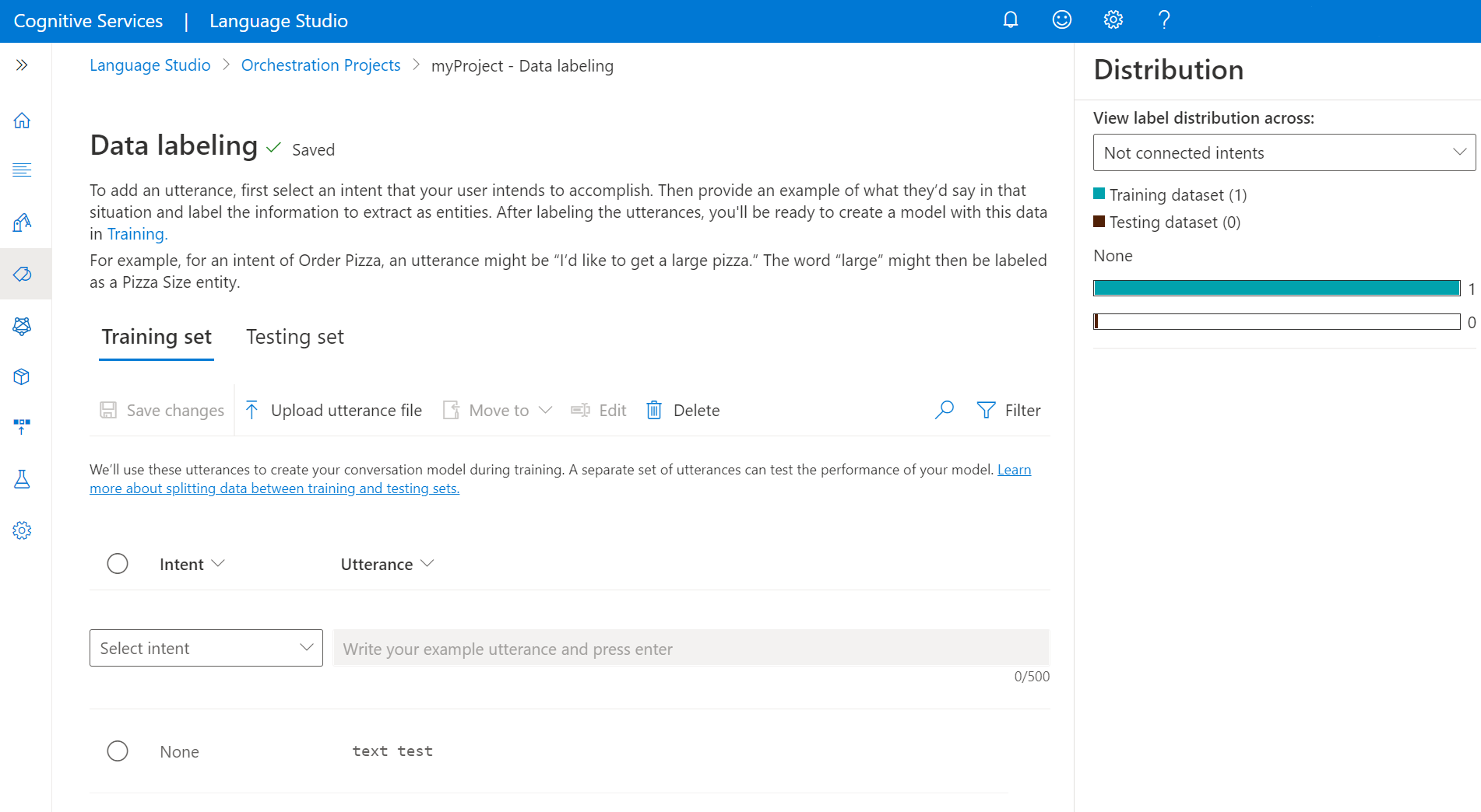 A screenshot of the page for tagging utterances in Language Studio.