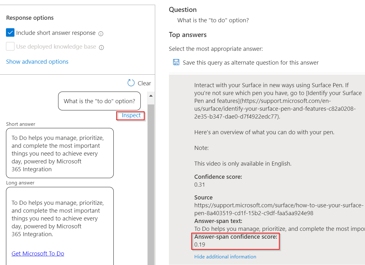 答案范围置信度分数的检查窗格的屏幕截图。