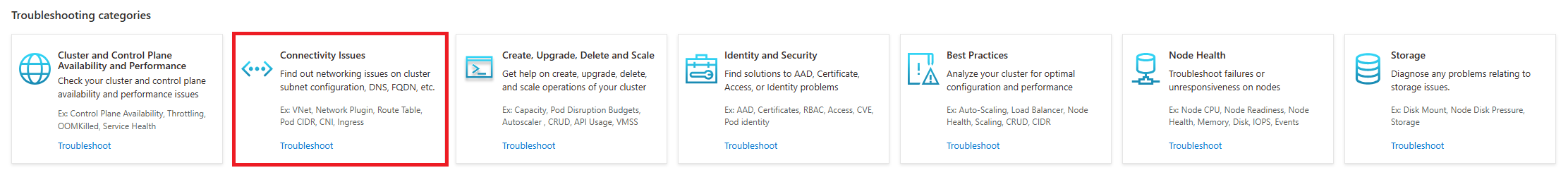 Azure 门户中的连接问题故障排除类别磁贴的屏幕截图。