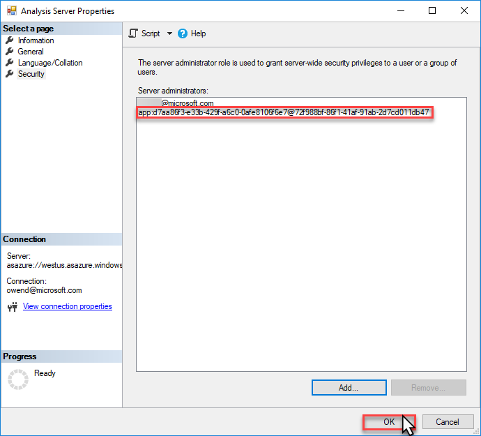 此屏幕截图显示了服务主体帐户 ID 并突出显示了“确定”按钮。