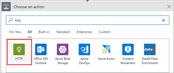 “选择操作”部分的屏幕截图，其中已选择“HTTP”磁贴。
