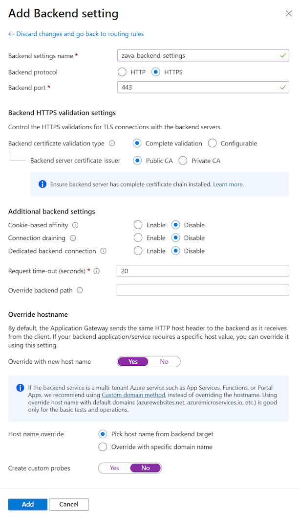 显示如何在 Azure 门户中配置 HTTPS 协议连接的后端设置的屏幕截图。