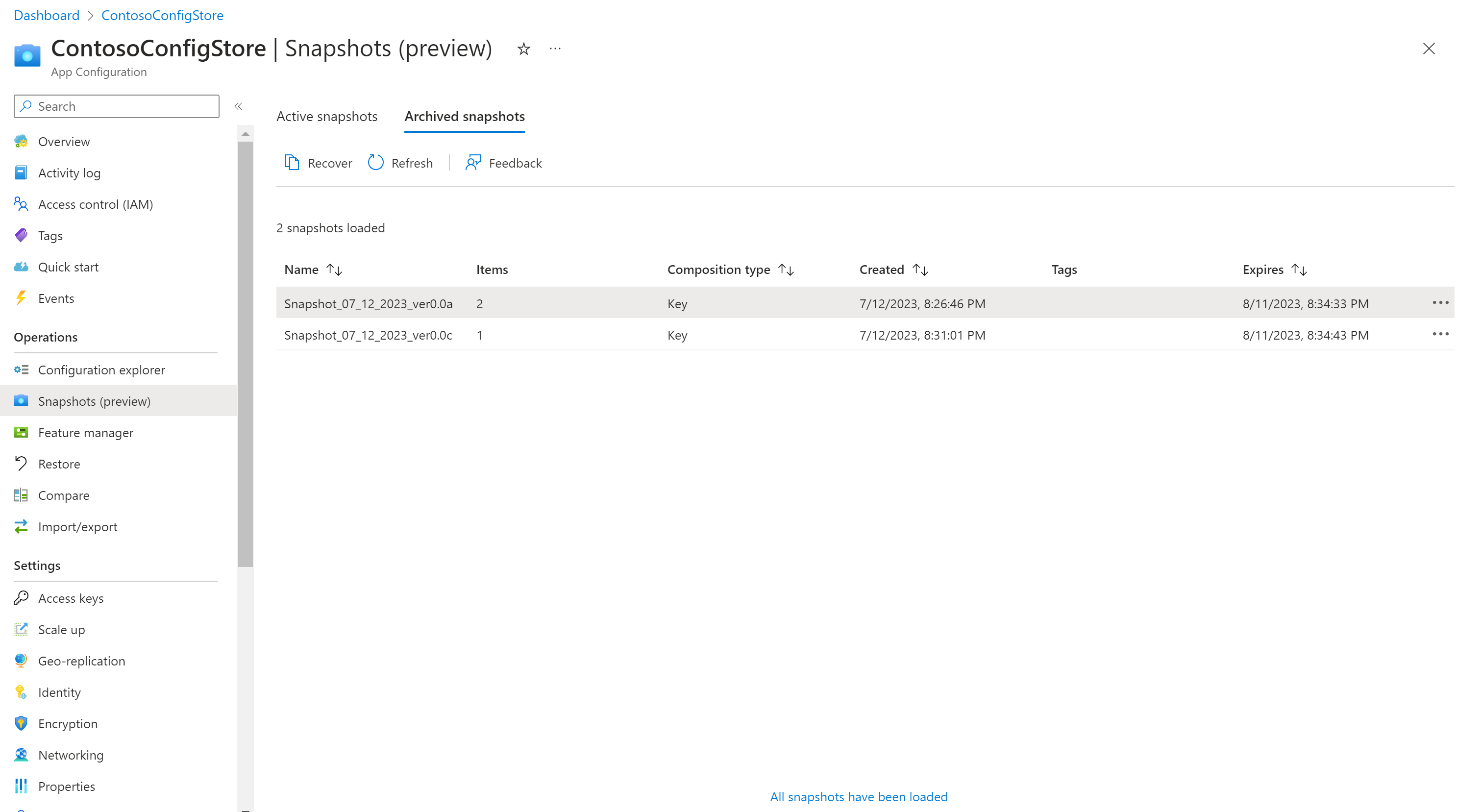 存档快照列表的屏幕截图。