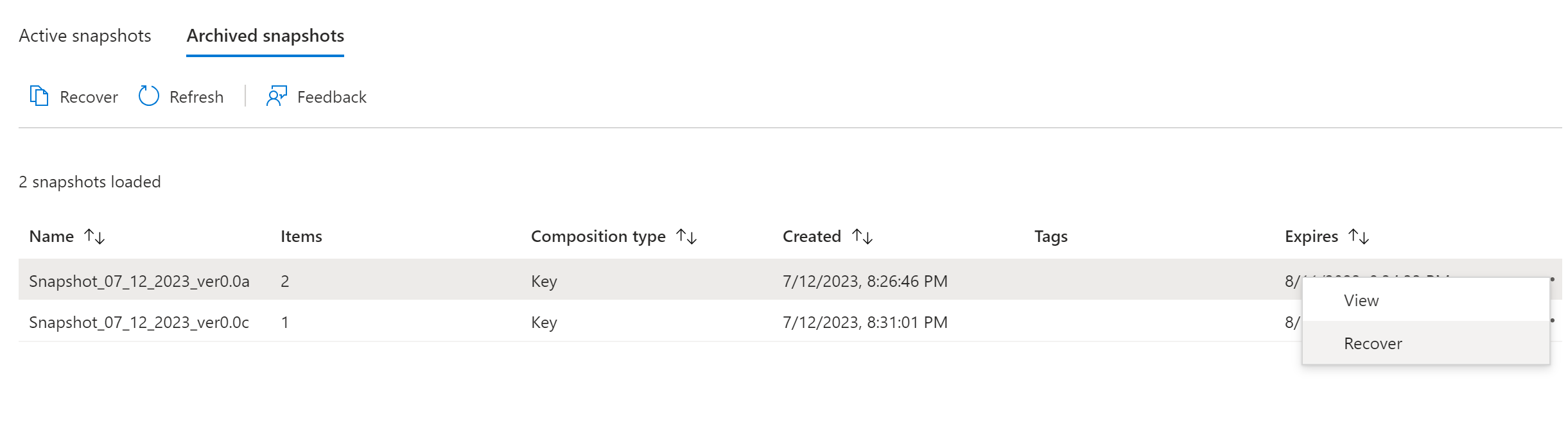 已存档快照中恢复选项的屏幕截图。