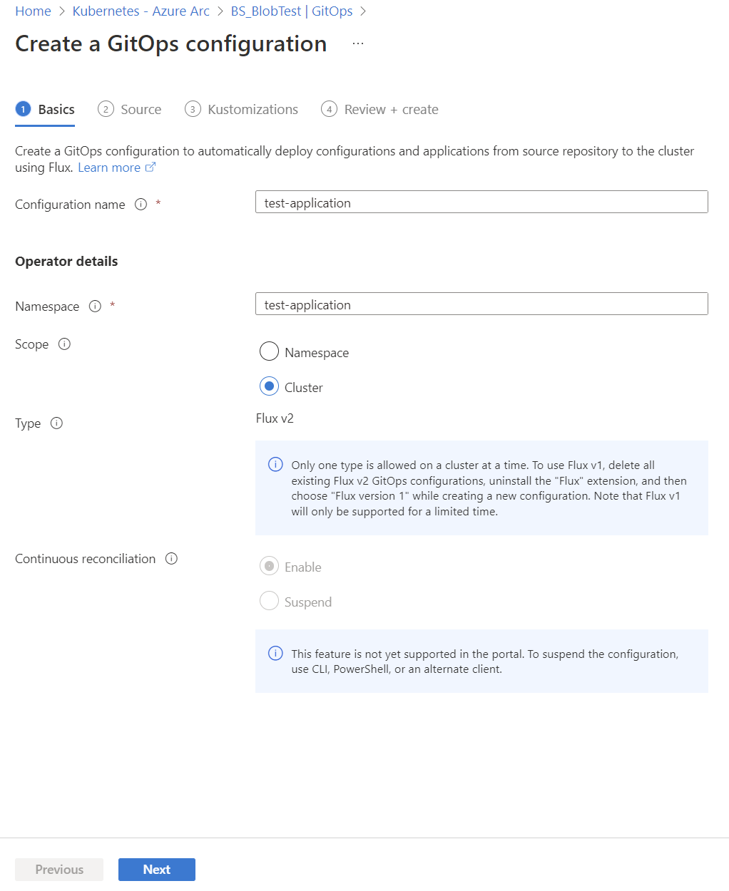 显示 Azure 门户中 GitOps 配置的“基本信息”选项的屏幕截图。
