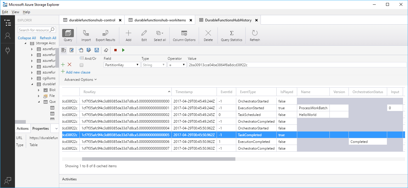 Azure 存储资源管理器的截图，显示 Durable Functions 在表格和队列中的业务流程状态。