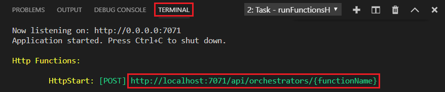 Visual Studio Code 终端面板的截图。终端显示本地运行 Durable Functions 应用的输出。