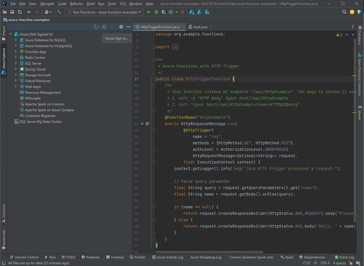 “IntelliJ Azure 登录”命令。