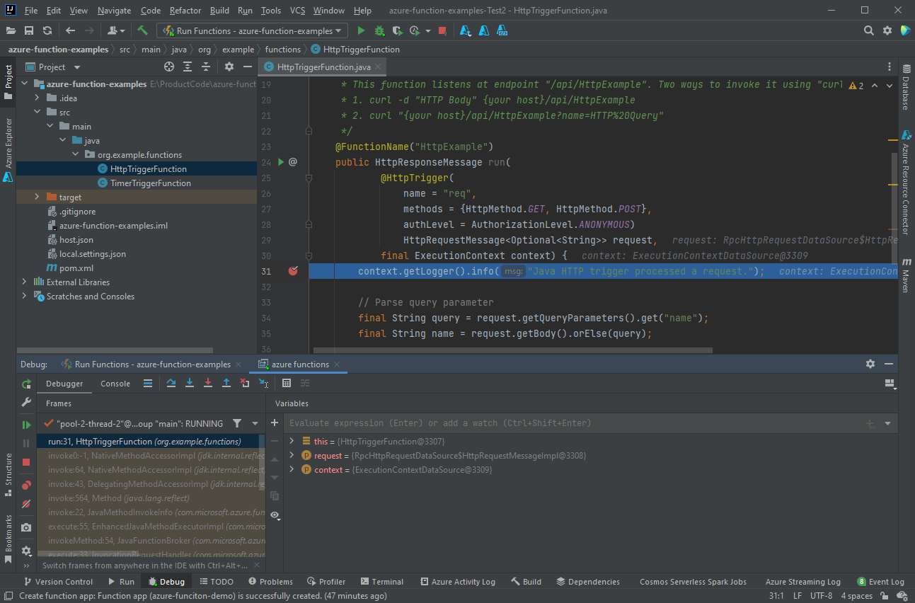 在本地调试函数应用中断。