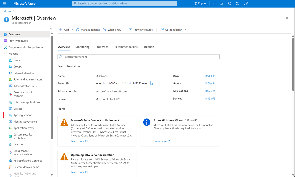 显示Microsoft Entra 概述页的屏幕截图。