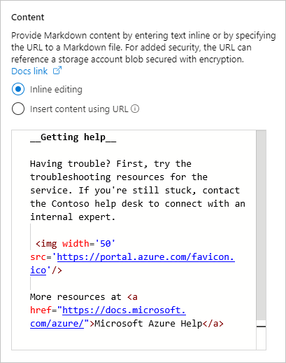 显示在 Azure 门户仪表板 Markdown 磁贴中输入内联内容的屏幕截图。