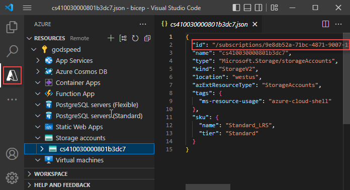 适用于 Visual Studio Code 的 Azure 资源扩展的屏幕截图。