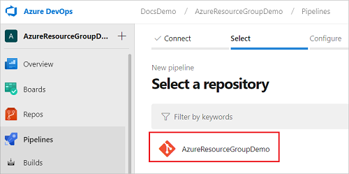 在 Azure DevOps 中选择项目的存储库的屏幕截图