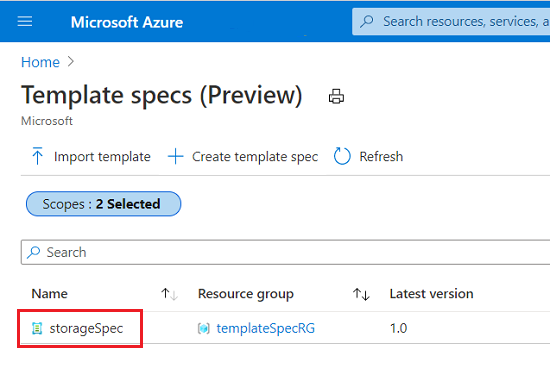 模板规格列表的屏幕截图，其中选择了一个项目。