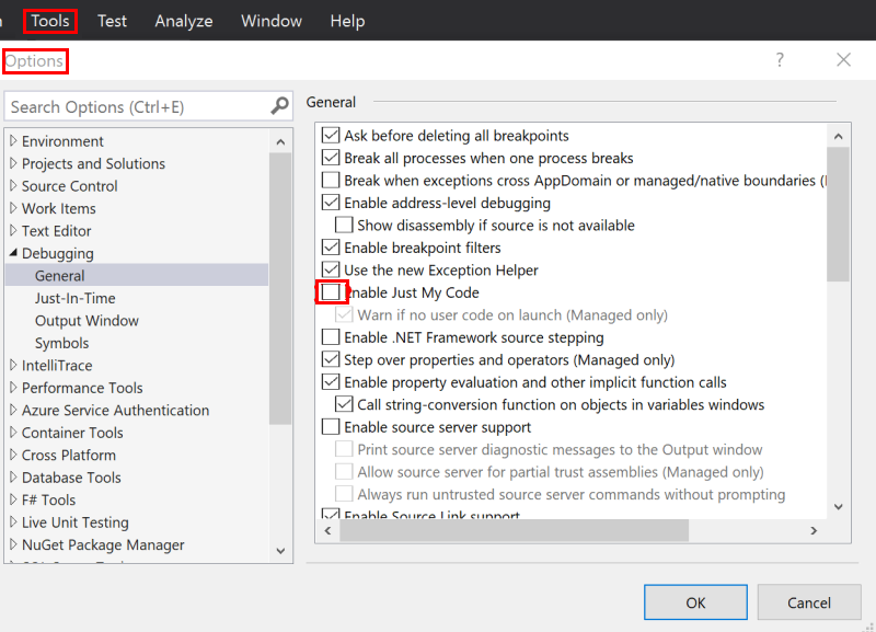 取消勾选“仅我的代码”