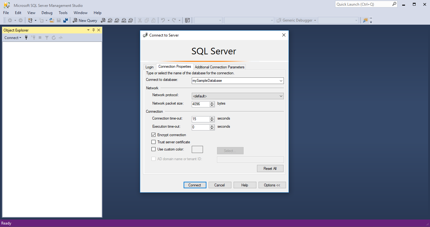 连接到服务器上数据库的屏幕截图。