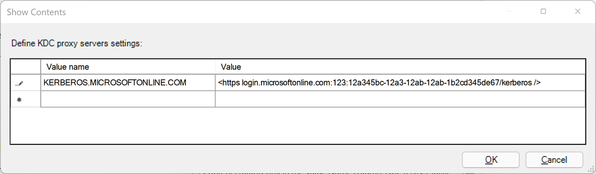 “定义 KDC 代理服务器设置”对话框的屏幕截图。一个表允许输入多行。每行由一个值名称和一个值组成。