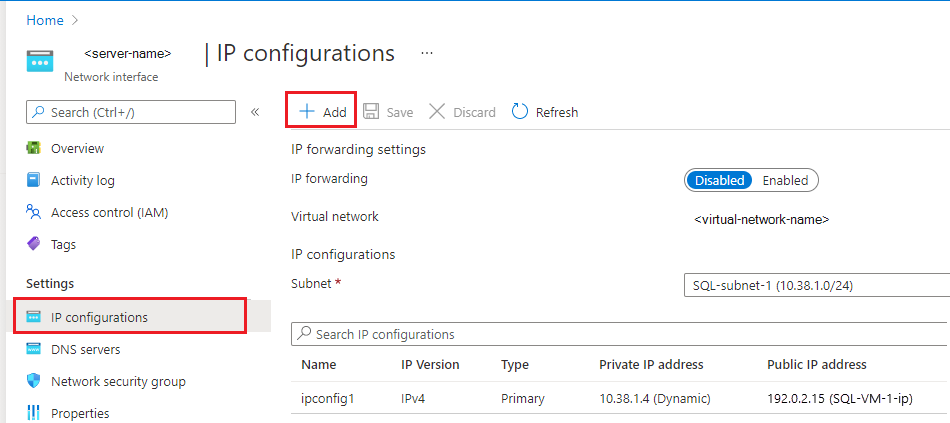 Azure 门户中 VM 网络接口的 IP 配置页的屏幕截图。