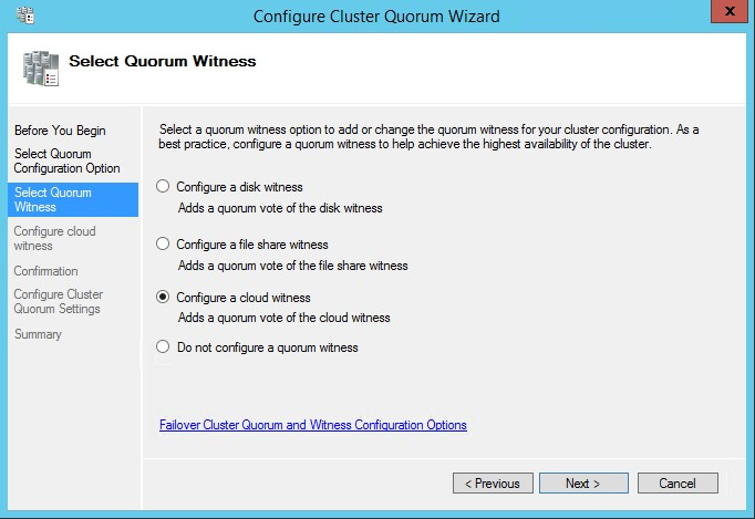 显示用于选择云见证的相应单选按钮的屏幕截图。