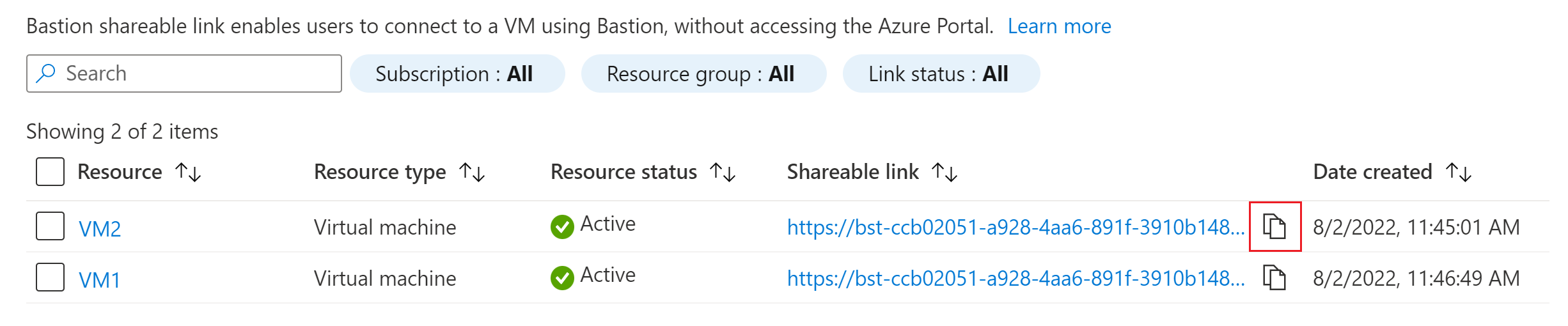 显示所有可用资源链接的可共享链接页的屏幕截图。