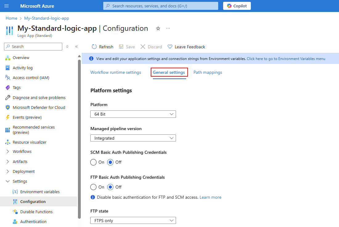 屏幕截图显示了 Azure 门户、标准逻辑应用菜单、“设置”和“配置”，其中选择了“常规设置”选项卡。
