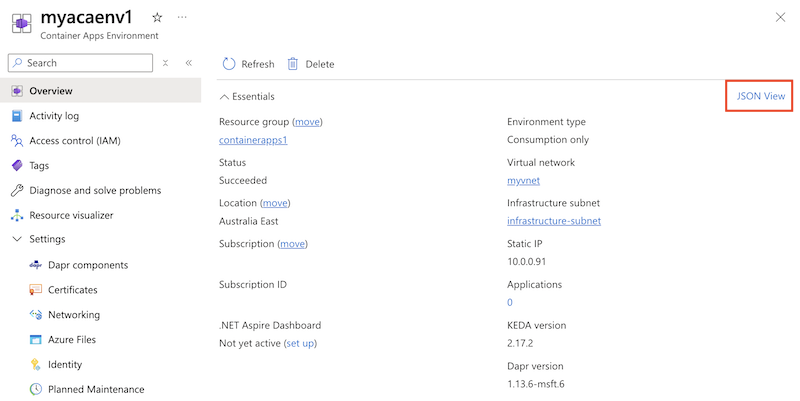 显示环境的 Azure 门户的屏幕截图，其中突出显示了“JSON 视图”按钮。