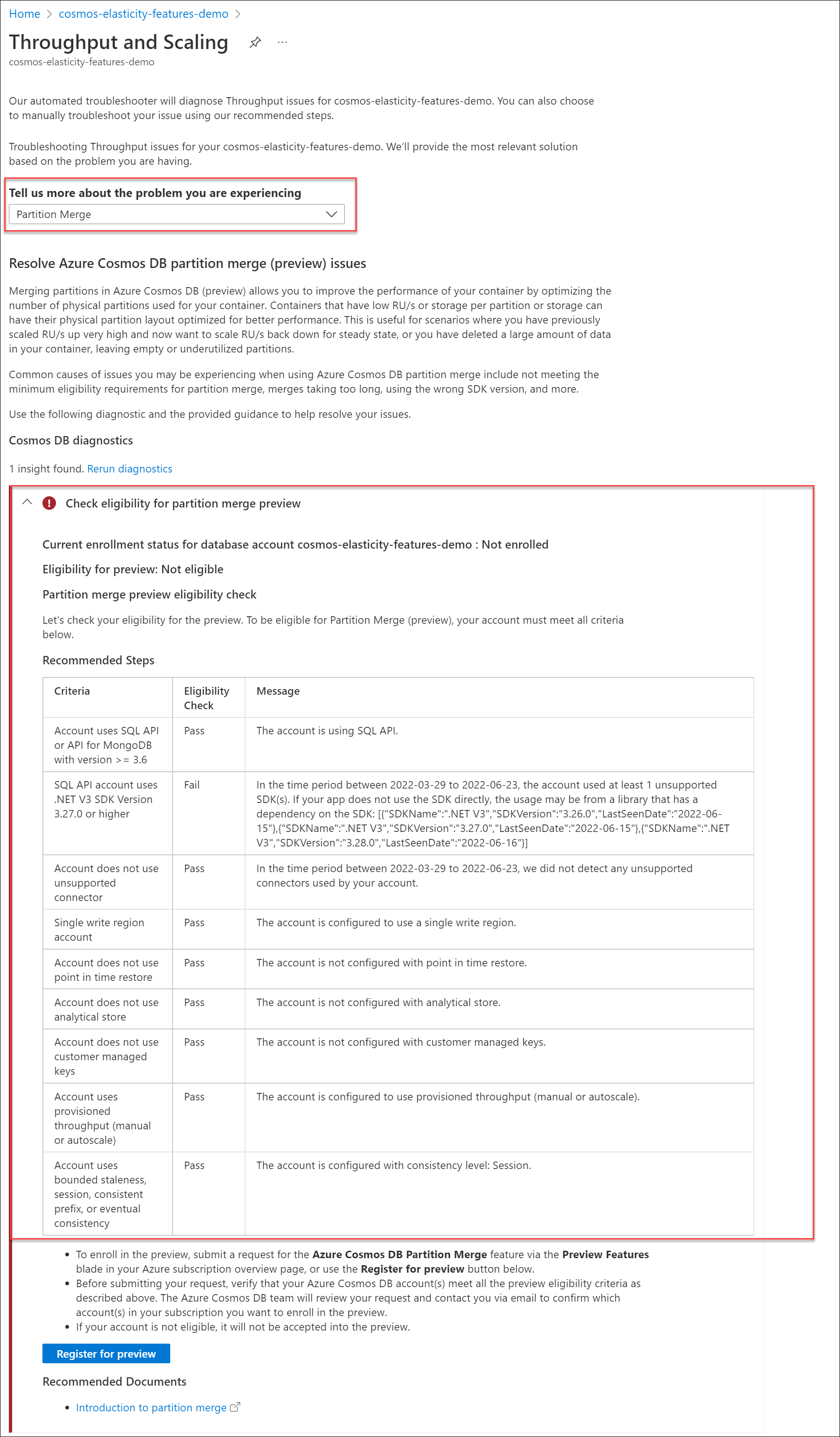 屏幕截图显示合并资格检查以及包含所有预览资格条件的表格。