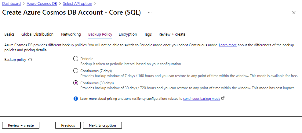 Provision an Azure Cosmos DB account with continuous backup configuration.