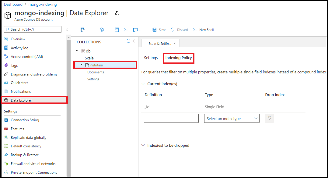 Azure Cosmos DB for MongoDB 中的索引策略编辑器的屏幕截图。