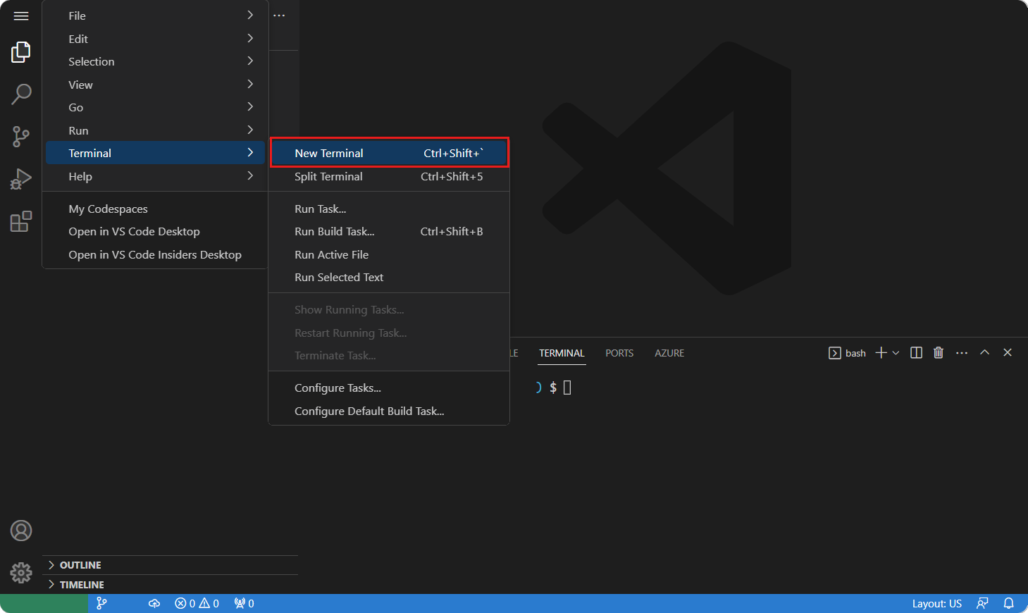 用于打开新终端的 codespaces 菜单选项的屏幕截图。