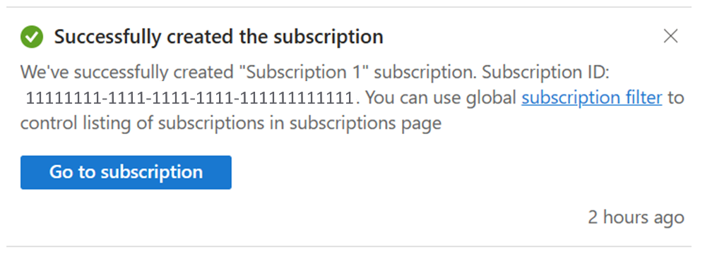 屏幕截图显示已成功创建订阅通知。