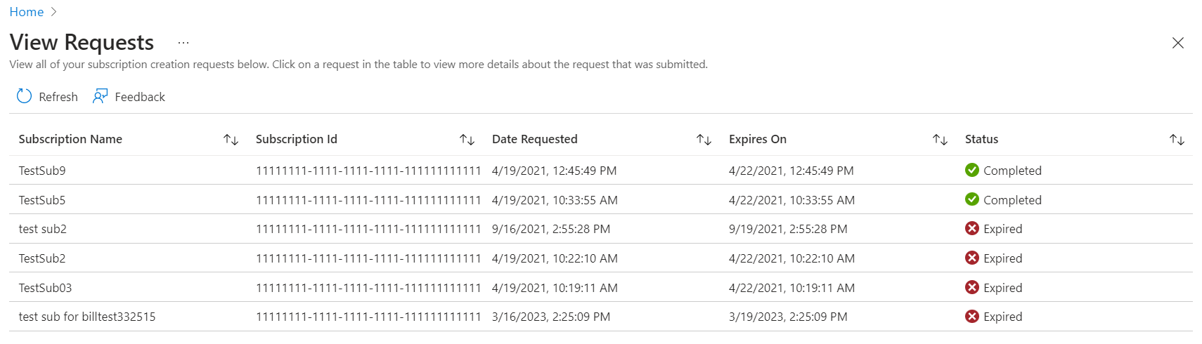 显示“查看请求”页的屏幕截图,其中列出了所有订阅创建请求。