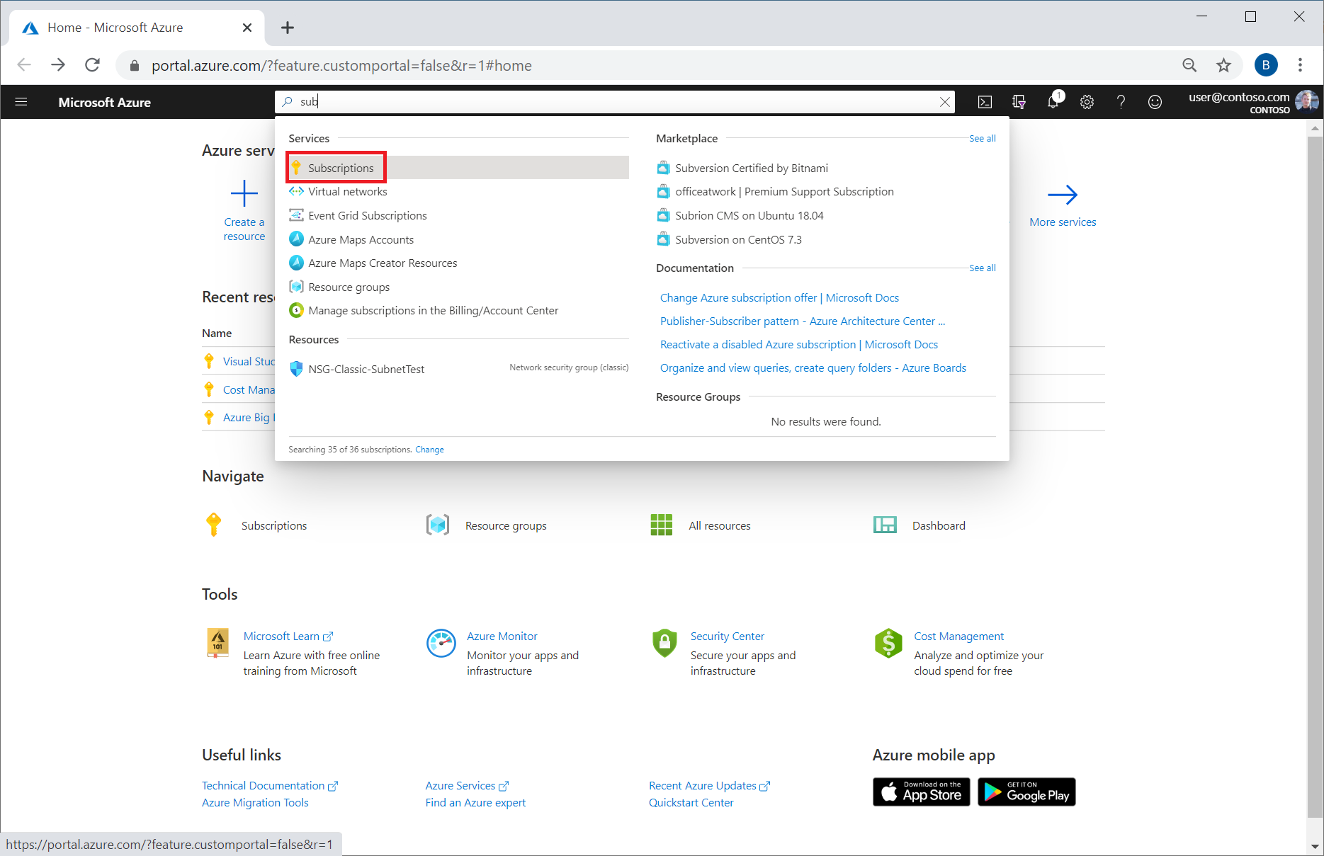 屏幕截图显示导航到订阅。