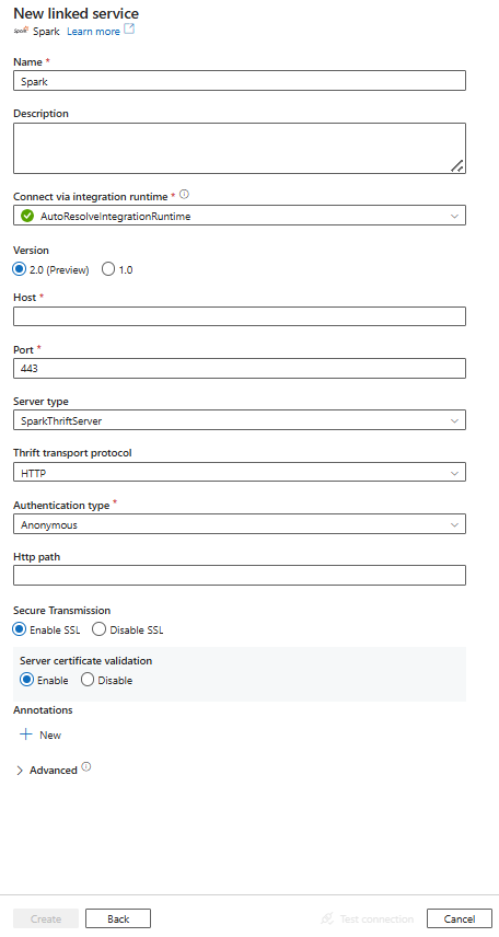 Spark 的链接服务配置的屏幕截图。