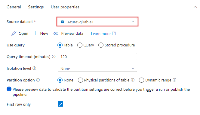 显示查找活动中的 Azure SQL 表数据集的配置选项。