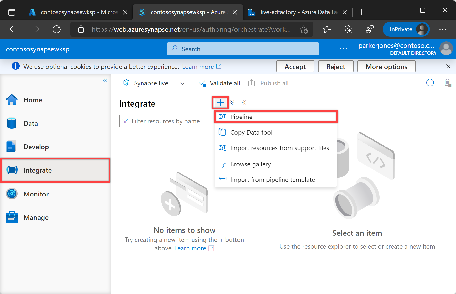 显示了 Synapse Studio 中的“新建管道”菜单。