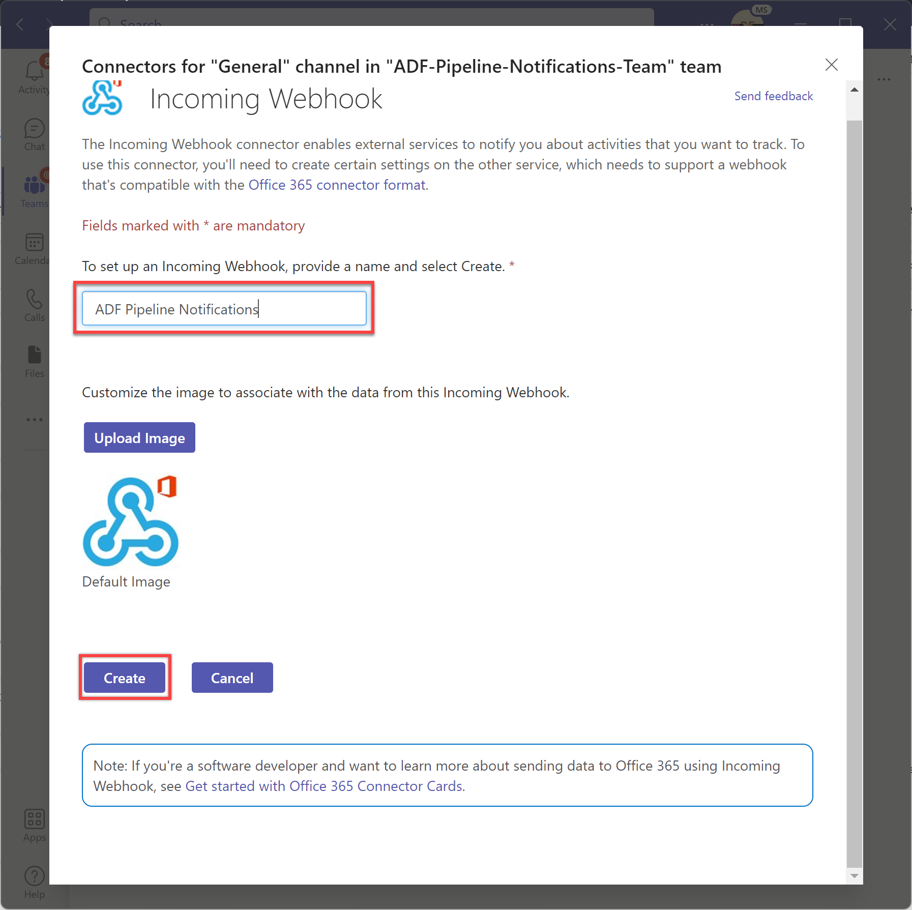 突出显示“传入 Webhook 选项”页中的名称属性、可选图像上传和“创建”按钮。